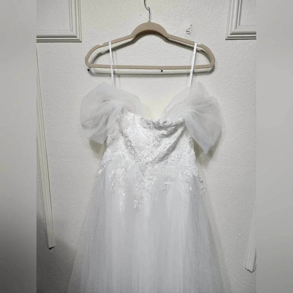 Lulus Blissfully Romantic White Tulle Off-the-Shoulder Maxi Dress Bridal Wedding - Picture 10 of 11